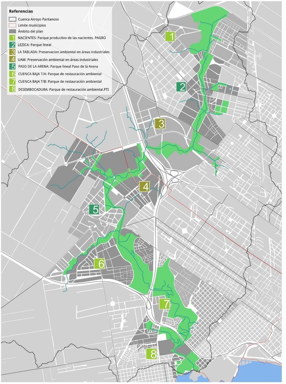 Mapa de la cuenca del arroyo Pantanoso con los ocho tramos del Plan Parcial, numerados de las nacientes a la desembocadura.